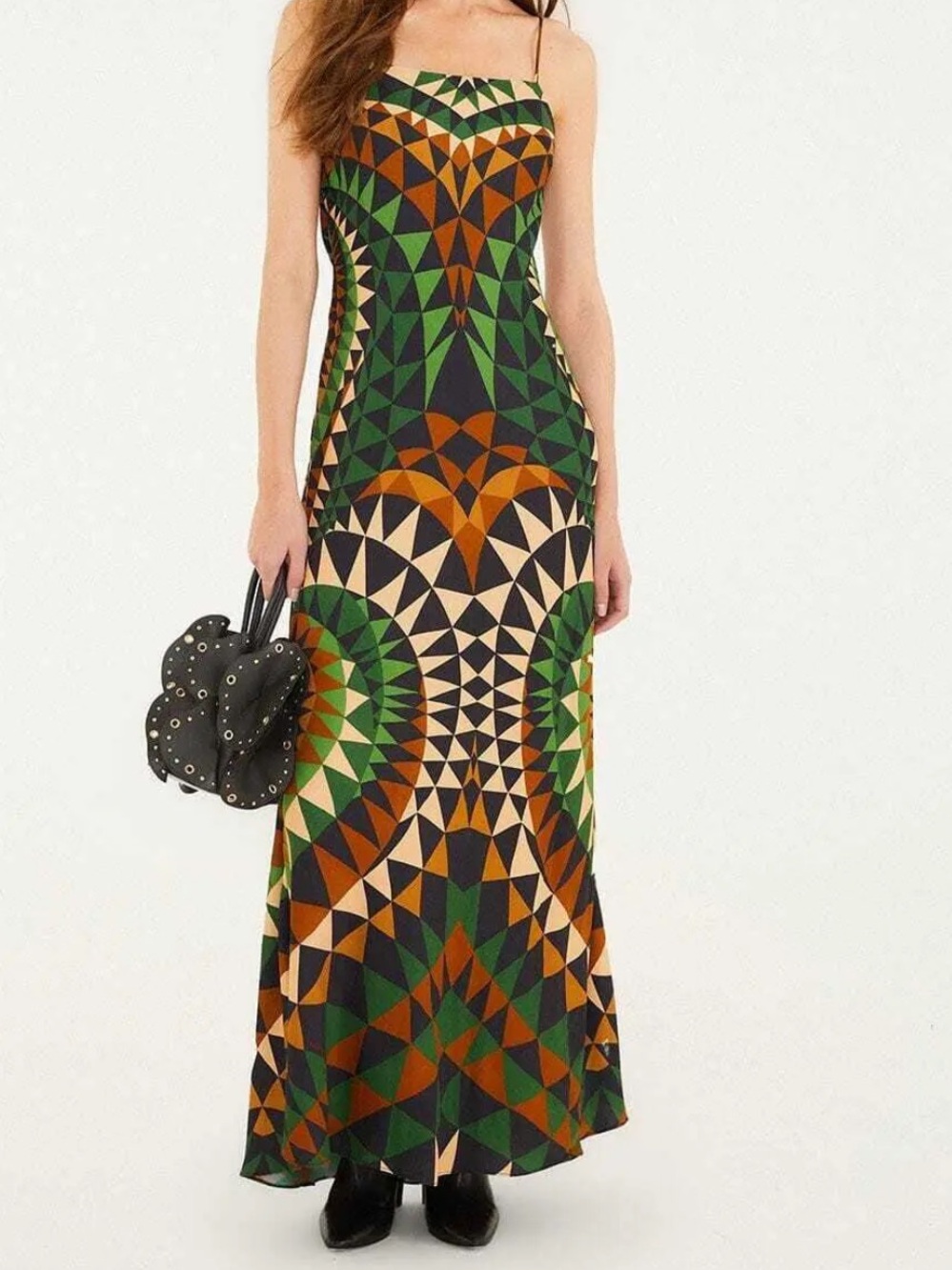 FARM Rio Geometric Maxi Dress in Green, Brown & Cream